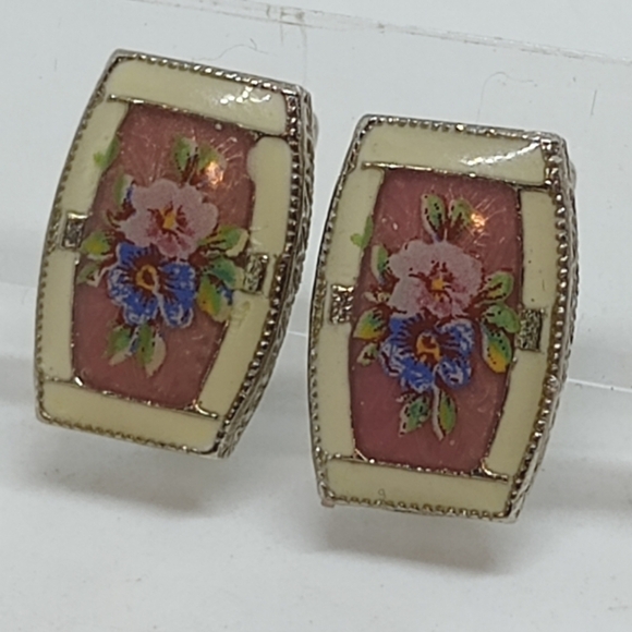 * vintage tiny enamel cloisonne flowers clip on earrings - Picture 1 of 4